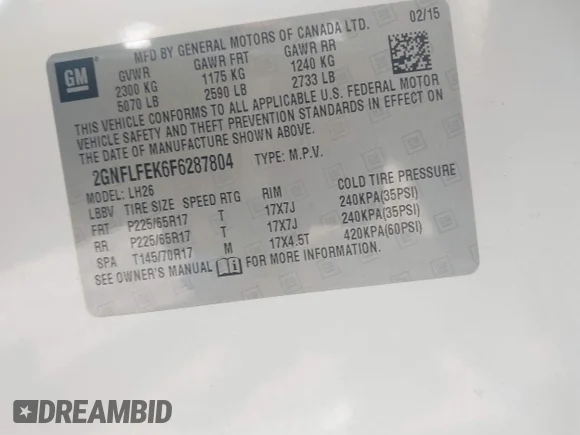 ✅ 2015 Chevrolet Equinox LT • VIN: 2GNFLFEK6F6287804 • Lot: 42701189. Wystawiony na IAAI z przebiegiem 110 715 mil. Bezpłatny archiwum sprzedaży aukcyjnych z USA i szczegółowy raport historii pojazdu na DreamBid. Zdjęcie 9.
