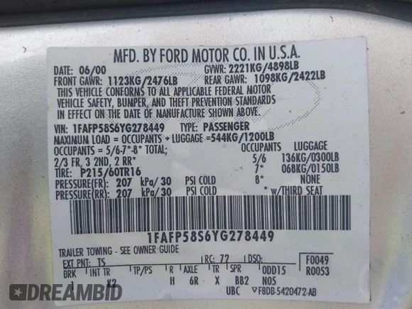 ✅ 2000 Ford Taurus SE • VIN: 1FAFP58S6YG278449 • Lot: 43337183. Listed on IAAI with 221,771 mi. Free auction sales archive from the USA and detailed vehicle history report at DreamBid. Image 9.