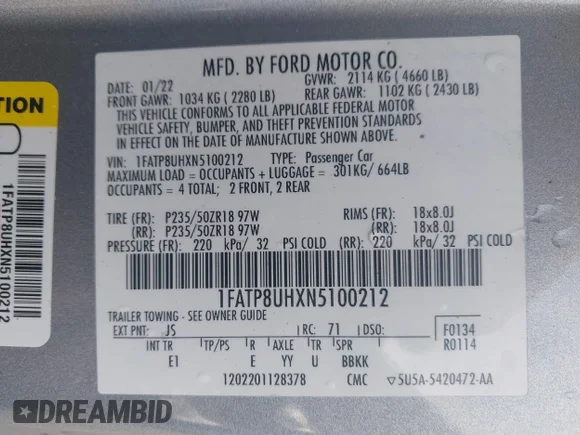 ✅ 2022 Ford Mustang EcoBoost Premium • VIN: 1FATP8UHXN5100212 • Lot: 43770559. Wystawiony na IAAI z przebiegiem 75 202 mil. Bezpłatny archiwum sprzedaży aukcyjnych z USA i szczegółowy raport historii pojazdu na DreamBid. Zdjęcie 9.
