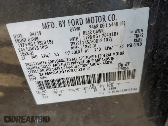 ✅ 2019 Ford Edge SEL • VIN: 2FMPK4J91KBC03814 • Lot: 41496113. Wystawiony na Copart z przebiegiem 65 271 mil. Bezpłatny archiwum sprzedaży aukcyjnych z USA i szczegółowy raport historii pojazdu na DreamBid. Zdjęcie 13.