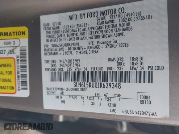 ✅ 2018 Lincoln MKZ Hybrid Premiere • VIN: 3LN6L5KU0JR629348 • Lot: 41921017. Wystawiony na IAAI z przebiegiem 119 974 mil. Bezpłatny archiwum sprzedaży aukcyjnych z USA i szczegółowy raport historii pojazdu na DreamBid. Zdjęcie 9.