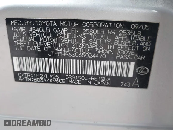 ✅ 2006 Lexus GS 300 • VIN: JTHBH96S065024470 • Лот: 41630352. Опубліковано раніше на IAAI з пробігом 204 869 миль. Безкоштовний доступ до архіву аукціонних продажів зі США та докладний звіт про історію автомобіля на DreamBid. Зображення 9.