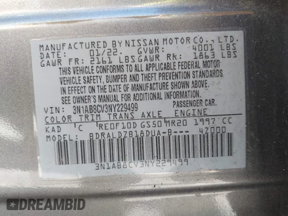 ✅ 2022 Nissan Sentra SV • VIN: 3N1AB8CV3NY229499 • Lot: 44560888. Wystawiony na IAAI z przebiegiem 38 246 mil. Bezpłatny archiwum sprzedaży aukcyjnych z USA i szczegółowy raport historii pojazdu na DreamBid. Zdjęcie 9.