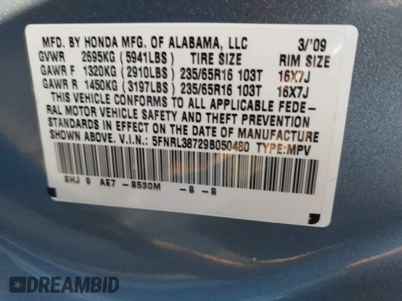✅ 2009 Honda Odyssey EX-L • VIN: 5FNRL38729B050480 • Лот: 44098755. Опубликован ранее на IAAI с пробегом 126 519 миль. Бесплатный доступ к архиву аукционных продаж из США и подробный отчёт об истории автомобиля на DreamBid. Изображение 9.