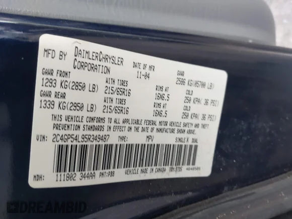 ✅ 2005 Chrysler Town & Country Touring • VIN: 2C4GP54L95R349487 • Lot: 44403252. Listed on IAAI with 71,548 mi. Free auction sales archive from the USA and detailed vehicle history report at DreamBid. Image 9.
