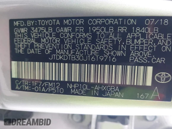 ✅ 2018 Toyota Prius Four • VIN: JTDKDTB30J1619716 • Lot: 43536219. Wystawiony na IAAI z przebiegiem 50 028 mil. Bezpłatny archiwum sprzedaży aukcyjnych z USA i szczegółowy raport historii pojazdu na DreamBid. Zdjęcie 9.