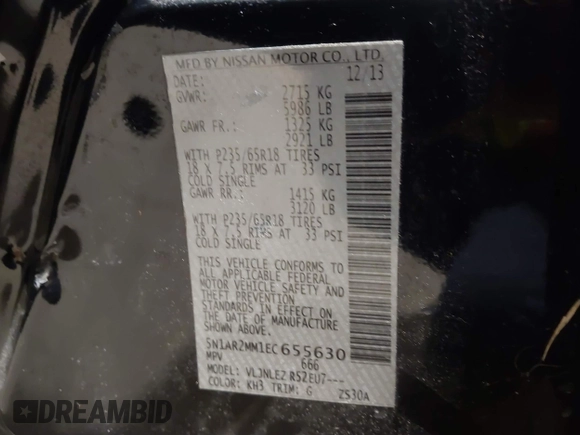 ✅ 2014 Nissan Pathfinder Platinum • VIN: 5N1AR2MM1EC655630 • Lot: 44173471. Wystawiony na IAAI z przebiegiem 175 527 mil. Bezpłatny archiwum sprzedaży aukcyjnych z USA i szczegółowy raport historii pojazdu na DreamBid. Zdjęcie 9.