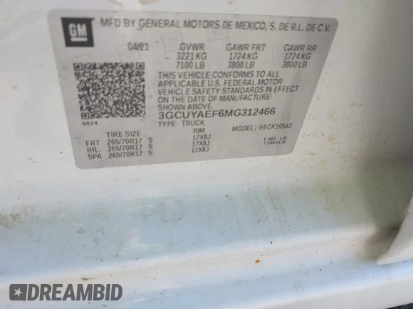 ✅ 2021 Chevrolet Silverado 1500 Work Truck • VIN: 3GCUYAEF6MG312466 • Lot: 45321978. Wystawiony na IAAI z przebiegiem 163 606 mil. Bezpłatny archiwum sprzedaży aukcyjnych z USA i szczegółowy raport historii pojazdu na DreamBid. Zdjęcie 9.