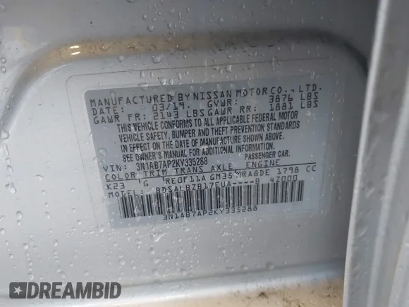 ✅ 2019 Nissan Sentra S • VIN: 3N1AB7AP2KY335288 • Lot: 43933365. Listed on IAAI with 14,780 mi. Free auction sales archive from the USA and detailed vehicle history report at DreamBid. Image 9.