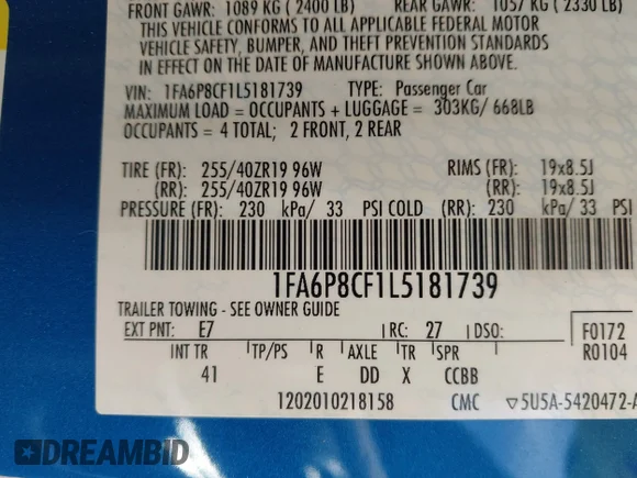✅ 2020 Ford Mustang GT • VIN: 1FA6P8CF1L5181739 • Lot: 45090935. Wystawiony na IAAI z przebiegiem 31 704 mil. Bezpłatny archiwum sprzedaży aukcyjnych z USA i szczegółowy raport historii pojazdu na DreamBid. Zdjęcie 9.