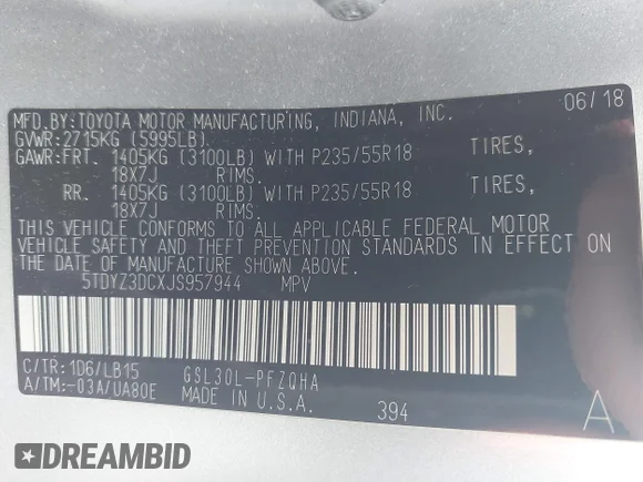 ✅ 2018 Toyota Sienna XLE • VIN: 5TDYZ3DCXJS957944 • Lot: 45260197. Listed on IAAI with 148,619 mi. Free auction sales archive from the USA and detailed vehicle history report at DreamBid. Image 9.