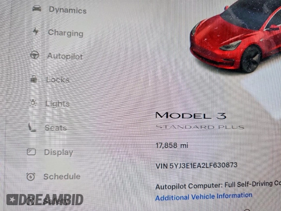 ✅ 2020 Tesla Model 3 Standard Range Plus • VIN: 5YJ3E1EA2LF630873 • Lot: 76314735. Listed on Copart with 17,858 mi. Free auction sales archive from the USA and detailed vehicle history report at DreamBid. Image 9.