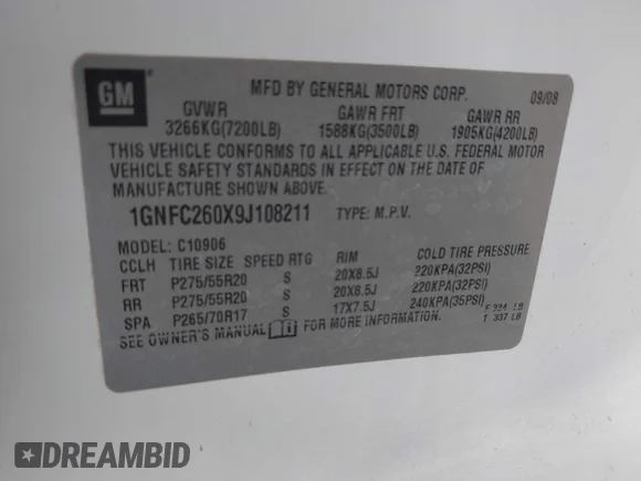 ✅ 2009 Chevrolet Suburban 1LT • VIN: 1GNFC260X9J108211 • Лот: 42237663. Опубликован ранее на IAAI с пробегом Не указан. Бесплатный доступ к архиву аукционных продаж из США и подробный отчёт об истории автомобиля на DreamBid. Изображение 9.