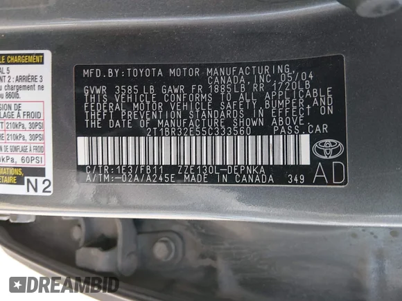✅ 2005 Toyota Corolla LE • VIN: 2T1BR32E55C333560 • Лот: 44486312. Опубликован ранее на IAAI с пробегом 98 489 миль. Бесплатный доступ к архиву аукционных продаж из США и подробный отчёт об истории автомобиля на DreamBid. Изображение 9.
