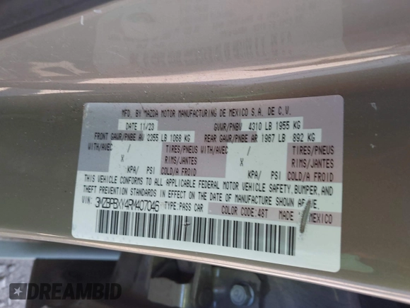 ✅ 2024 Mazda 3 Carbon Edition • VIN: 3MZBPBXY4RM407046 • Lot: 44196867. Wystawiony na IAAI z przebiegiem 35 830 mil. Bezpłatny archiwum sprzedaży aukcyjnych z USA i szczegółowy raport historii pojazdu na DreamBid. Zdjęcie 9.