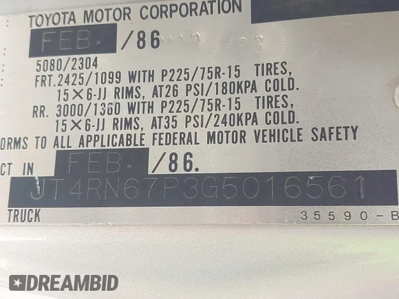 ✅ 1986 Toyota Xtracab Trucks • VIN: JT4RN67P3G5016561 • Lot: 44523172. Wystawiony na IAAI z przebiegiem 218 559 mil. Bezpłatny archiwum sprzedaży aukcyjnych z USA i szczegółowy raport historii pojazdu na DreamBid. Zdjęcie 9.