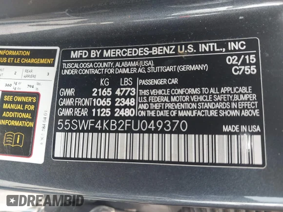 ✅ 2015 Mercedes-Benz C 300 • VIN: 55SWF4KB2FU049370 • Lot: 45043325. Wystawiony na IAAI z przebiegiem 107 182 mil. Bezpłatny archiwum sprzedaży aukcyjnych z USA i szczegółowy raport historii pojazdu na DreamBid. Zdjęcie 9.