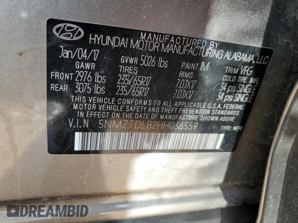 ✅ 2017 Hyundai Santa Fe 2.4L • VIN: 5NMZTDLB2HH036559 • Lot: 40097893. Wystawiony na Copart z przebiegiem Nie podano. Bezpłatny archiwum sprzedaży aukcyjnych z USA i szczegółowy raport historii pojazdu na DreamBid. Zdjęcie 13.
