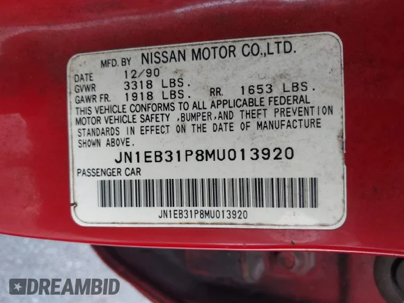 ✅ 1991 Nissan Sentra E • VIN: JN1EB31P8MU013920 • Lot: 42359240. Wystawiony na IAAI z przebiegiem 117 903 mil. Bezpłatny archiwum sprzedaży aukcyjnych z USA i szczegółowy raport historii pojazdu na DreamBid. Zdjęcie 9.