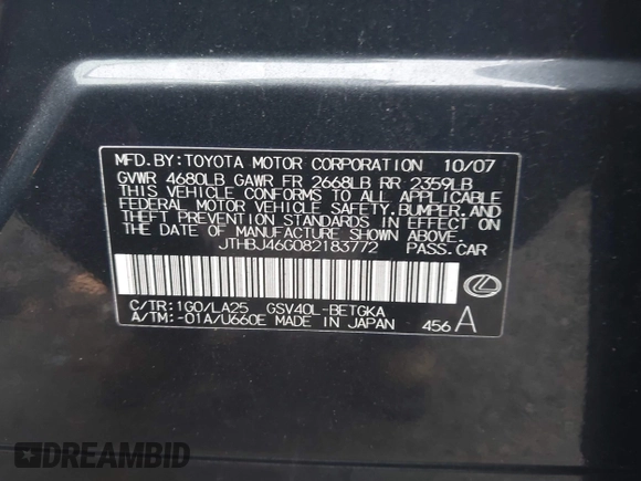 ✅ 2008 Lexus ES 330 • VIN: JTHBJ46G082183772 • Lot: 43994409. Wystawiony na IAAI z przebiegiem 140 906 mil. Bezpłatny archiwum sprzedaży aukcyjnych z USA i szczegółowy raport historii pojazdu na DreamBid. Zdjęcie 9.