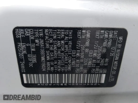 ✅ 2021 Nissan Rogue SV • VIN: JN8AT3BB7MW219024 • Lot: 43797586. Wystawiony na IAAI z przebiegiem Nie podano. Bezpłatny archiwum sprzedaży aukcyjnych z USA i szczegółowy raport historii pojazdu na DreamBid. Zdjęcie 9.