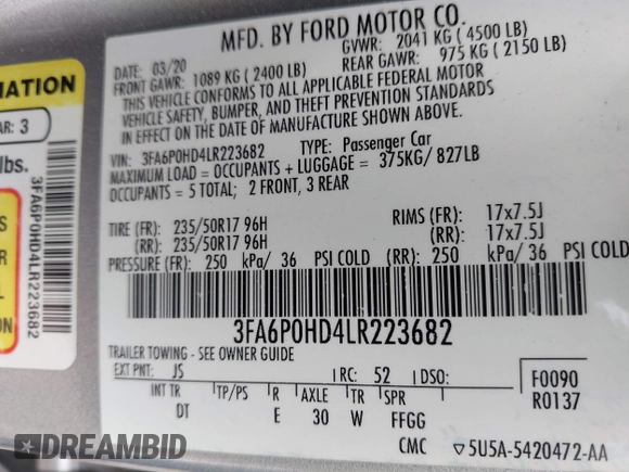 ✅ 2020 Ford Fusion SE • VIN: 3FA6P0HD4LR223682 • Lot: 44923129. Wystawiony na IAAI z przebiegiem 61 040 mil. Bezpłatny archiwum sprzedaży aukcyjnych z USA i szczegółowy raport historii pojazdu na DreamBid. Zdjęcie 9.