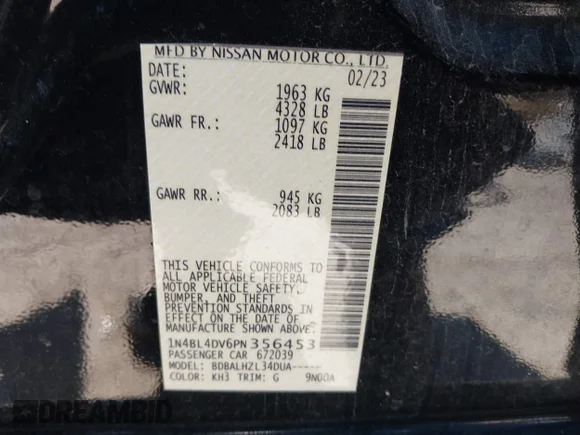 ✅ 2023 Nissan Altima SV • VIN: 1N4BL4DV6PN356453 • Lot: 44937472. Wystawiony na IAAI z przebiegiem 85 019 mil. Bezpłatny archiwum sprzedaży aukcyjnych z USA i szczegółowy raport historii pojazdu na DreamBid. Zdjęcie 9.