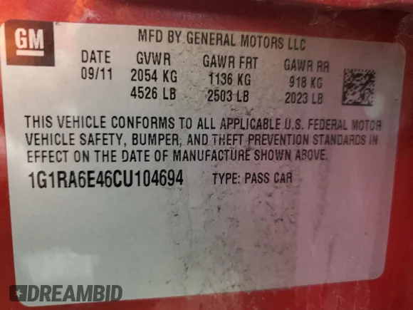✅ 2012 Chevrolet Volt • VIN: 1G1RA6E46CU104694 • Лот: 49289595. Опубликован ранее на Copart с пробегом 75 353 миль. Бесплатный доступ к архиву аукционных продаж из США и подробный отчёт об истории автомобиля на DreamBid. Изображение 12.