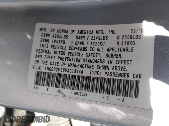 ✅ 2014 Honda Accord LX • VIN: 1HGCR2F38EA019446 • Lot: 44251142. Wystawiony na IAAI z przebiegiem 160 169 mil. Bezpłatny archiwum sprzedaży aukcyjnych z USA i szczegółowy raport historii pojazdu na DreamBid. Zdjęcie 9.