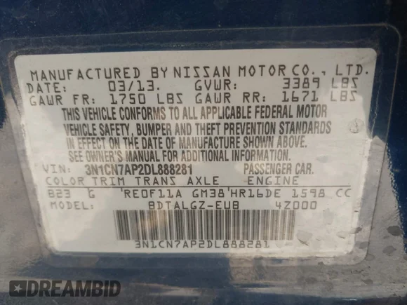✅ 2013 Nissan Versa S • VIN: 3N1CN7AP2DL888281 • Лот: 43270097. Опубліковано раніше на IAAI з пробігом 154 157 миль. Безкоштовний доступ до архіву аукціонних продажів зі США та докладний звіт про історію автомобіля на DreamBid. Зображення 9.