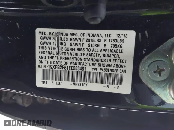 ✅ 2014 Honda Civic LX • VIN: 19XFB2F51EE203481 • Lot: 44201001. Wystawiony na IAAI z przebiegiem 109 107 mil. Bezpłatny archiwum sprzedaży aukcyjnych z USA i szczegółowy raport historii pojazdu na DreamBid. Zdjęcie 9.