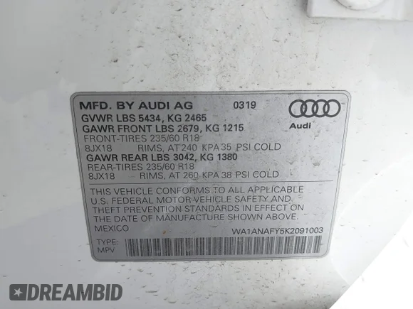 ✅ 2019 Audi Q5 Premium • VIN: WA1ANAFY5K2091003 • Лот: 44457526. Опубликован ранее на IAAI с пробегом 75 200 миль. Бесплатный доступ к архиву аукционных продаж из США и подробный отчёт об истории автомобиля на DreamBid. Изображение 9.