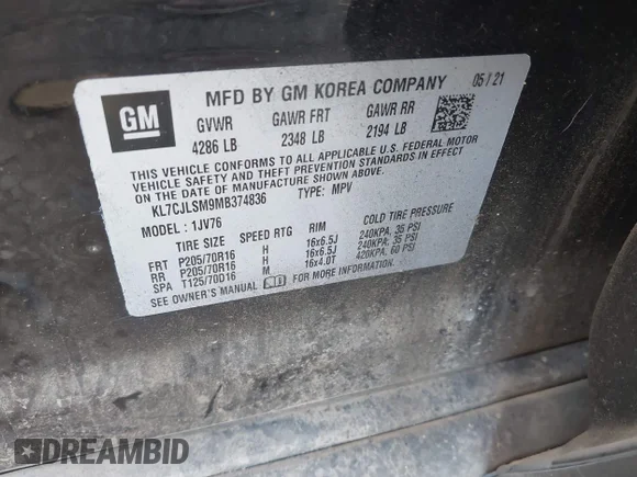 ✅ 2021 Chevrolet Trax LT • VIN: KL7CJLSM9MB374836 • Lot: 45407727. Wystawiony na IAAI z przebiegiem Nie podano. Bezpłatny archiwum sprzedaży aukcyjnych z USA i szczegółowy raport historii pojazdu na DreamBid. Zdjęcie 9.