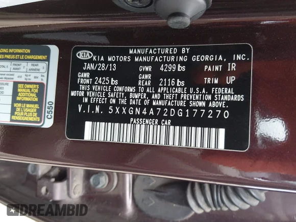 ✅ 2013 Kia Optima EX • VIN: 5XXGN4A72DG177270 • Lot: 45389286. Listed on IAAI with 175,884 mi. Free auction sales archive from the USA and detailed vehicle history report at DreamBid. Image 9.