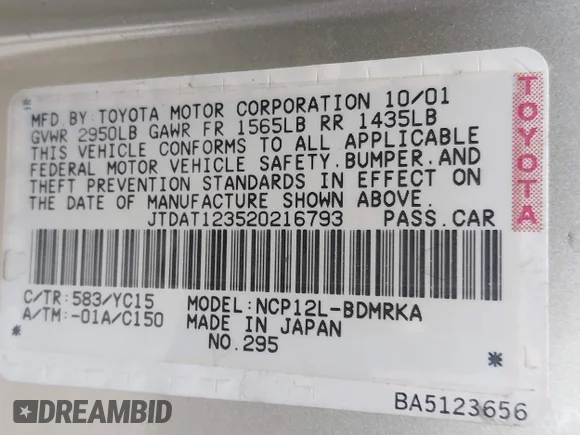 ✅ 2002 Toyota ECHO • VIN: JTDAT123520216793 • Lot: 45028886. Wystawiony na IAAI z przebiegiem 129 012 mil. Bezpłatny archiwum sprzedaży aukcyjnych z USA i szczegółowy raport historii pojazdu na DreamBid. Zdjęcie 9.