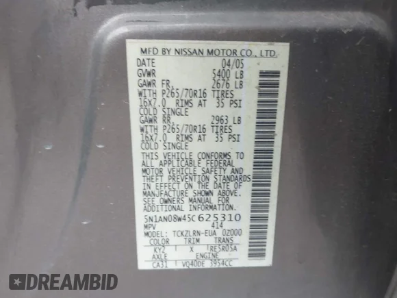 ✅ 2005 Nissan Xterra S • VIN: 5N1AN08W45C625310 • Лот: 44024382. Опубліковано раніше на IAAI з пробігом 201 032 миль. Безкоштовний доступ до архіву аукціонних продажів зі США та докладний звіт про історію автомобіля на DreamBid. Зображення 9.