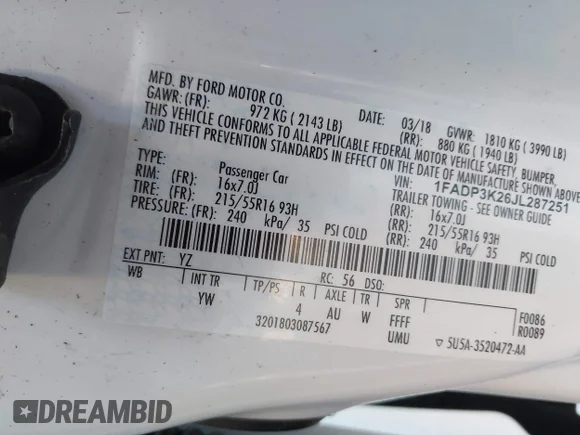 ✅ 2018 Ford Focus SE • VIN: 1FADP3K26JL287251 • Lot: 44619648. Wystawiony na IAAI z przebiegiem 67 153 mil. Bezpłatny archiwum sprzedaży aukcyjnych z USA i szczegółowy raport historii pojazdu na DreamBid. Zdjęcie 9.