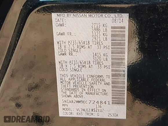 ✅ 2014 Nissan Pathfinder Platinum • VIN: 5N1AR2MM9EC724841 • Lot: 44825850. Listed on IAAI with 290,121 mi. Free auction sales archive from the USA and detailed vehicle history report at DreamBid. Image 9.