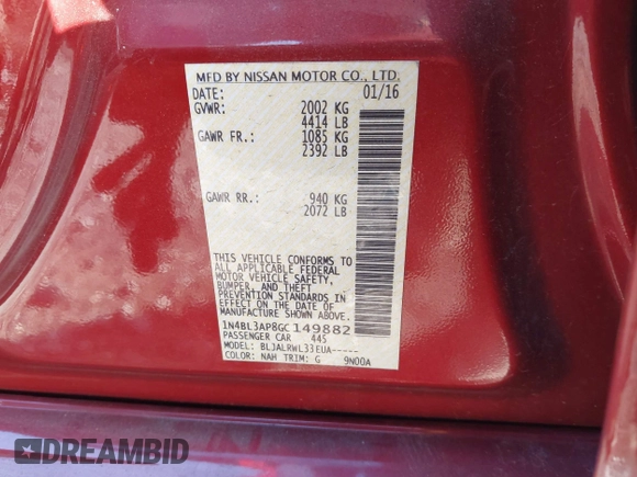 ✅ 2016 Nissan Altima SL • VIN: 1N4BL3AP8GC149882 • Lot: 44952987. Wystawiony na IAAI z przebiegiem 168 855 mil. Bezpłatny archiwum sprzedaży aukcyjnych z USA i szczegółowy raport historii pojazdu na DreamBid. Zdjęcie 9.