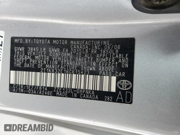 ✅ 2006 Toyota Matrix STD • VIN: 2T1KR32E16C615423 • Lot: 82610594. Wystawiony na Copart z przebiegiem 209 885 mil. Bezpłatny archiwum sprzedaży aukcyjnych z USA i szczegółowy raport historii pojazdu na DreamBid. Zdjęcie 12.