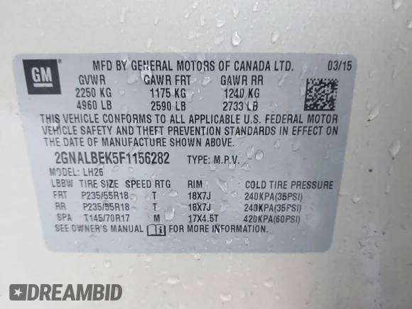 ✅ 2015 Chevrolet Equinox LT • VIN: 2GNALBEK5F1156282 • Lot: 43809039. Listed on IAAI with 166,555 mi. Free auction sales archive from the USA and detailed vehicle history report at DreamBid. Image 9.