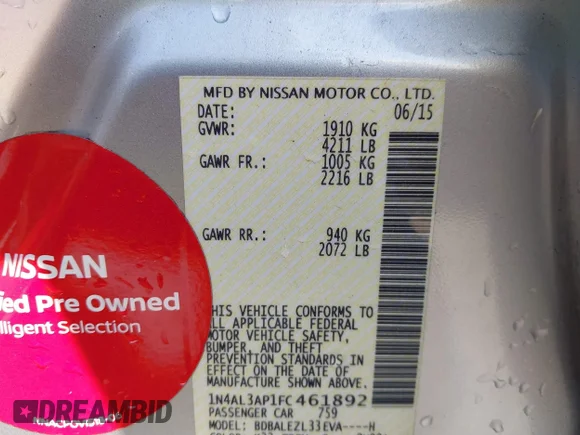 ✅ 2015 Nissan Altima S • VIN: 1N4AL3AP1FC461892 • Lot: 43210060. Listed on IAAI with 97,131 mi. Free auction sales archive from the USA and detailed vehicle history report at DreamBid. Image 9.