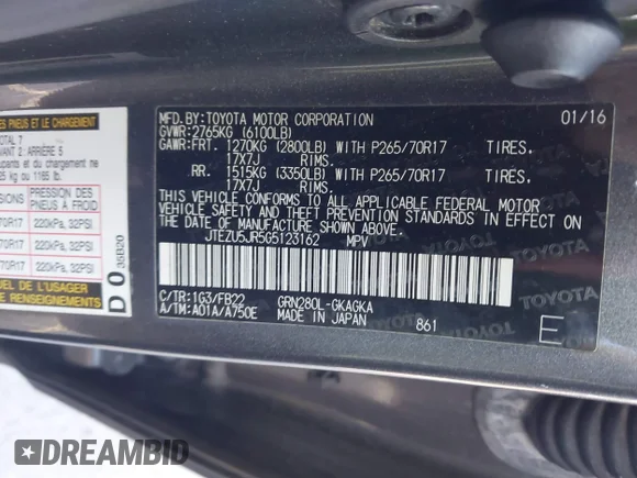 ✅ 2016 Toyota 4Runner SR5 Premium • VIN: JTEZU5JR5G5123162 • Lot: 44157684. Wystawiony na IAAI z przebiegiem 287 500 mil. Bezpłatny archiwum sprzedaży aukcyjnych z USA i szczegółowy raport historii pojazdu na DreamBid. Zdjęcie 9.