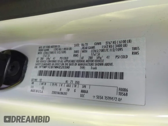 ✅ 2021 Ford F-150 XL • VIN: 1FTMF1CB7MKE25390 • Lot: 44211732. Wystawiony na IAAI z przebiegiem 139 366 mil. Bezpłatny archiwum sprzedaży aukcyjnych z USA i szczegółowy raport historii pojazdu na DreamBid. Zdjęcie 9.