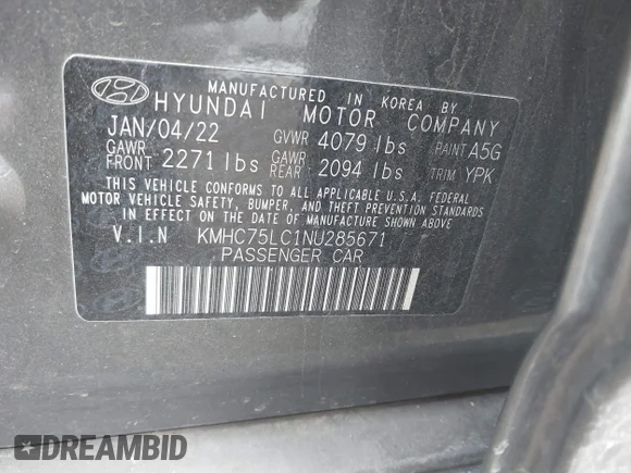 ✅ 2022 Hyundai Ioniq SE • VIN: KMHC75LC1NU285671 • Lot: 41362786. Wystawiony na IAAI z przebiegiem 50 247 mil. Bezpłatny archiwum sprzedaży aukcyjnych z USA i szczegółowy raport historii pojazdu na DreamBid. Zdjęcie 9.