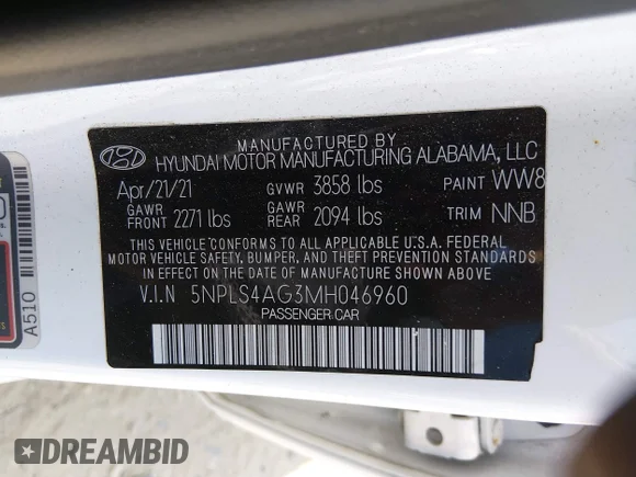 ✅ 2021 Hyundai Elantra SEL • VIN: 5NPLS4AG3MH046960 • Lot: 45045792. Listed on IAAI with Not provided. Free auction sales archive from the USA and detailed vehicle history report at DreamBid. Image 9.