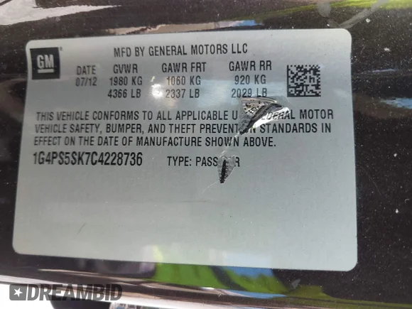 ✅ 2012 Buick Verano Group • VIN: 1G4PS5SK7C4228736 • Лот: 44701256. Опубликован ранее на IAAI с пробегом 86 033 миль. Бесплатный доступ к архиву аукционных продаж из США и подробный отчёт об истории автомобиля на DreamBid. Изображение 9.
