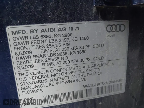 ✅ 2022 Audi Q7 Premium Plus • VIN: WA1LJBF7XND004657 • Lot: 43581916. Wystawiony na IAAI z przebiegiem 69 662 mil. Bezpłatny archiwum sprzedaży aukcyjnych z USA i szczegółowy raport historii pojazdu na DreamBid. Zdjęcie 9.