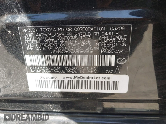 ✅ 2008 Lexus IS 250 • VIN: JTHBK262X85069556 • Lot: 44941128. Wystawiony na IAAI z przebiegiem 187 965 mil. Bezpłatny archiwum sprzedaży aukcyjnych z USA i szczegółowy raport historii pojazdu na DreamBid. Zdjęcie 9.