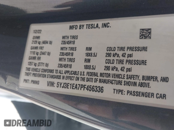 ✅ 2023 Tesla Model 3 • VIN: 5YJ3E1EA7PF456336 • Lot: 44673183. Wystawiony na IAAI z przebiegiem 62 586 mil. Bezpłatny archiwum sprzedaży aukcyjnych z USA i szczegółowy raport historii pojazdu na DreamBid. Zdjęcie 9.